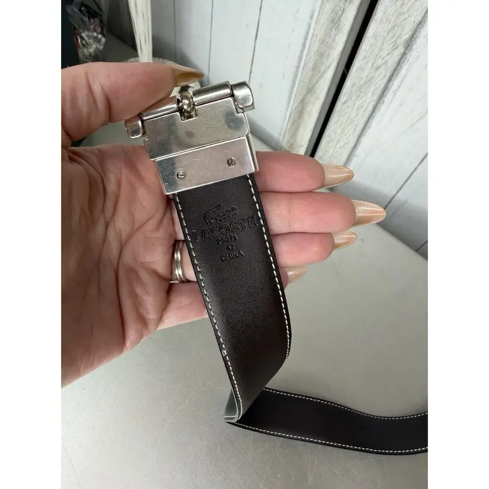 Lacoste Reversible Belt Brown Black Leather Silver Buckle Size 42